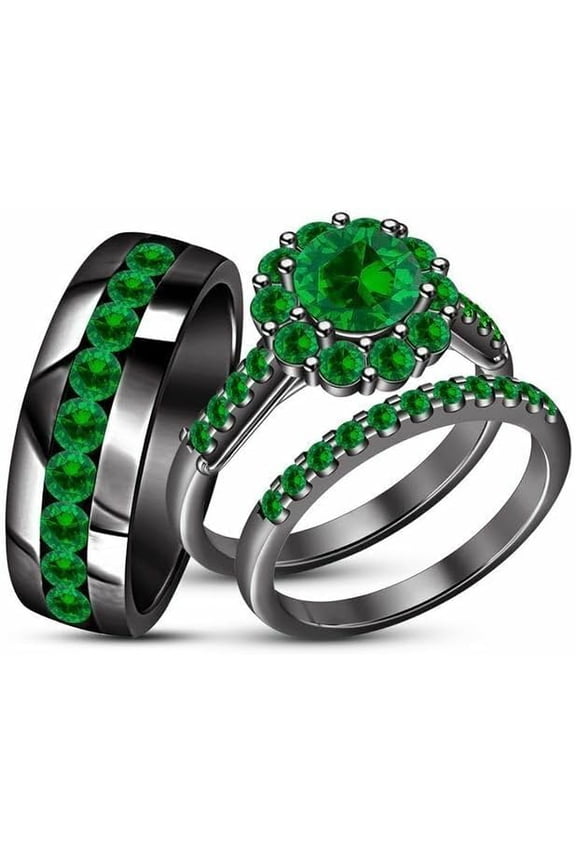 1.55 Ct Round Cut Green Emerald Wedding Engagement Trio Ring Set 14K Black Gold Plated 925 Sterling Silver For Unisex -6