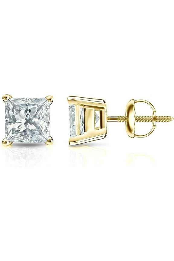 1.70 Ct Princess Cut White Diamond Stud Screw Back Earring's For Women's 14K Yellow Gold Plated 925 Sterling Silver
