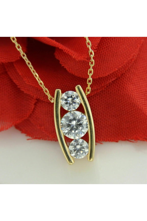 1.80 Ct Round Cut White Diamond Women's Three Stone Pendant 14K Yellow Gold Plated 925 Sterling Silver