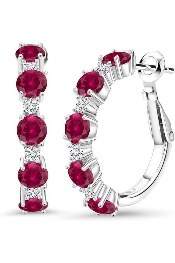 1.80 Ctw Round Cut Red Ruby Clip On Hoop Earrings For Womens 14K White Gold Plated 925 Sterling Silver