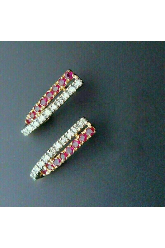 1.80 Ctw Round Cut Red Ruby Gorgeous Pretty Screw Back Hoop Earrings For Womens 14K Yellow Gold Plated 925 Sterling Silver