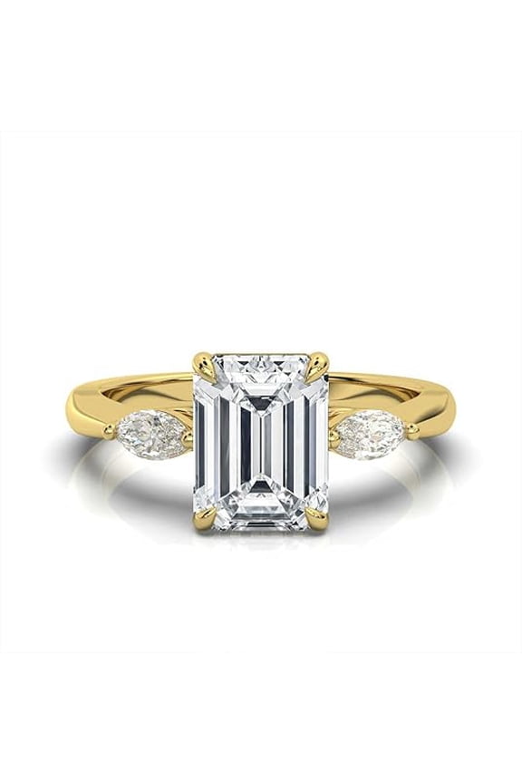 1.88 Ct Emerald Cut White Diamond Christmas Thanksgiving Engagement Wedding Solitaire Three Stone Ring For Women's 14K Yellow Gold Plated 925 Sterling Silver -9