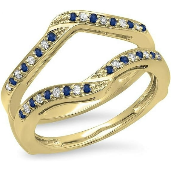 beryl_creation 1.89Ct Round Cut Blue Sapphire & White Diamond Wrap Enhancer Engagement Wedding Ring 14k Yellow Gold Finish For Women's & Girls 925 Sterling Silver - 7