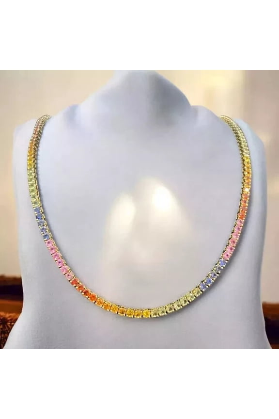 12 Ctw Round Cut 4 MM Rainbow Gemstone Engagament Wedding Anniversary 18 Inch Tennis Necklace 14K Yellow Gold Plated 925 Sterling Silver For Women's
