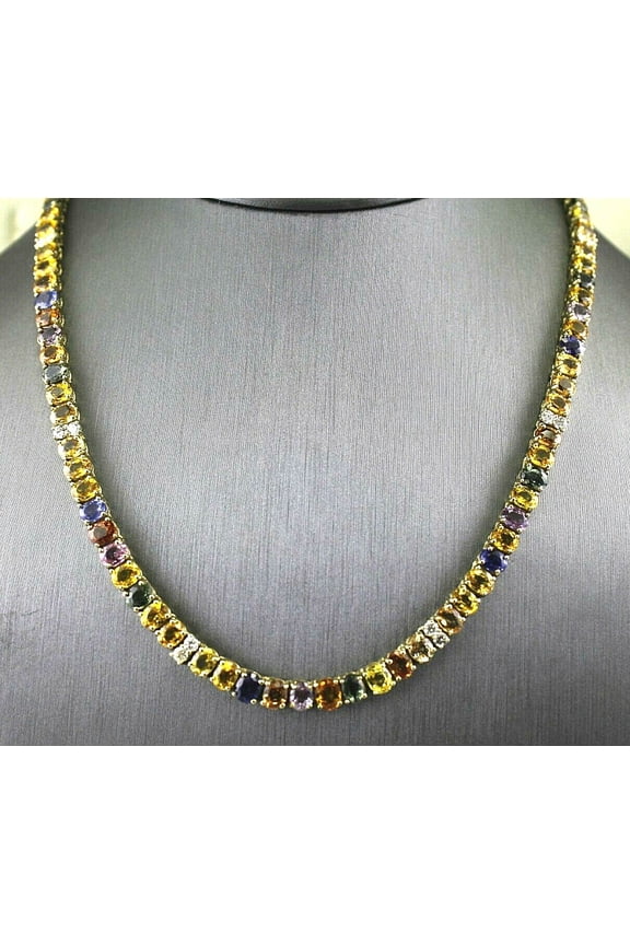 14 Ctw Oval Cut Rainbow Gemstone Engagament Wedding Anniversary 18 Inch Tennis Necklace 14K Yellow Gold Plated 925 Sterling Silver For Women's