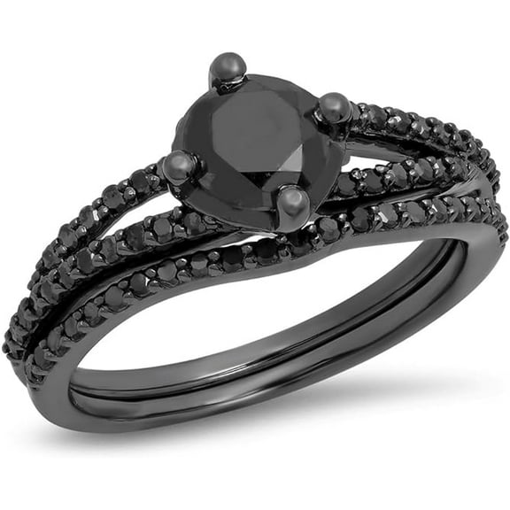 beryl_creation 14K Black Gold Plated 925 Sterling Silver 1.50 Ct Round Cut Black Diamond Wedding Engagement Bridal Ring Set For Women's -8.5