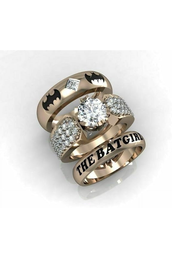 14K Rose Gold Finish 925 Sterling Silver 2Ctw Round Cut Diamond Batman Engagement Trio Ring Set-9