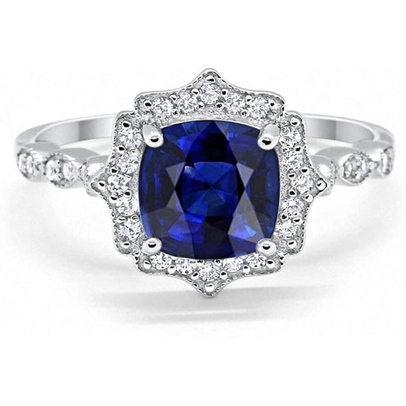 beryl_creation 14K White Gold Finish 925 Sterling Silver 1.50 Ct Cushion Cut Blue Sapphire Wedding Engagement Halo Ring For Women's -4.5