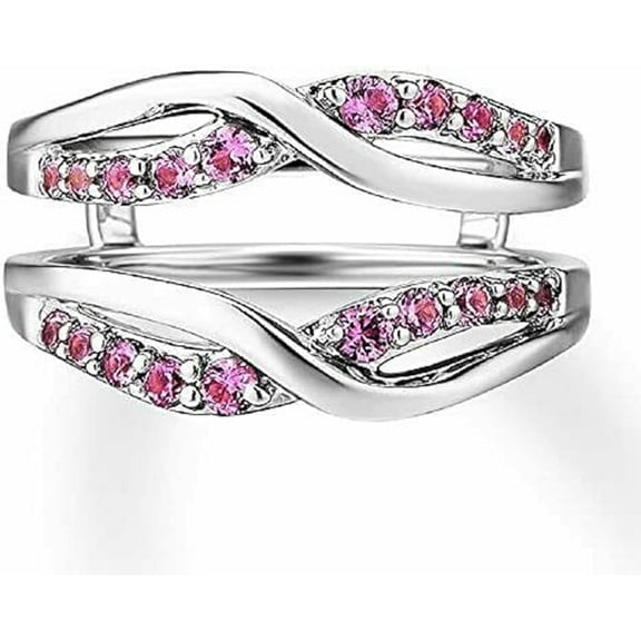 beryl_creation 14K White Gold Plated 1.40 Ct Round Cut Pink Sapphire Wedding Engagement Wrap Enhancer Guard Ring 925 Sterling Silver For Women's -6.5