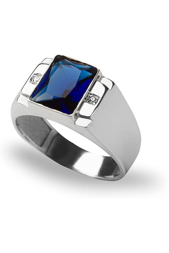 14K White Gold Plated 1.50 Ct Emerald Cut Blue Sapphire Wedding Engagement Band Pinky Ring 925 Sterling Silver For Men's -8