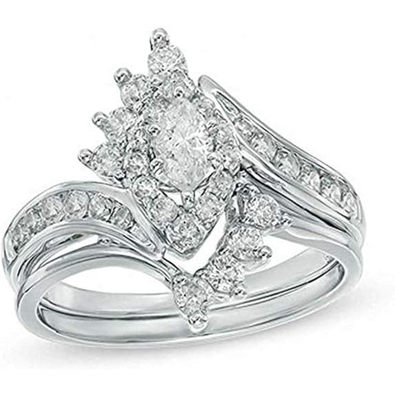 beryl_creation 14K White Gold Plated 1.62 Ct Marquise Cut White Diamond Wedding Engagement Halo Ring 925 Sterling Silver For Women's -9.5