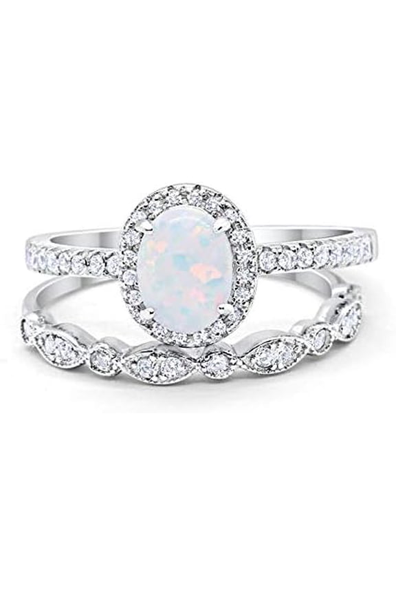 14K White Gold Plated 2.10 Ct Oval Cut Fire Opal Wedding Engagement Halo Bridal Ring Set 925 Sterling Silver For Women's -9