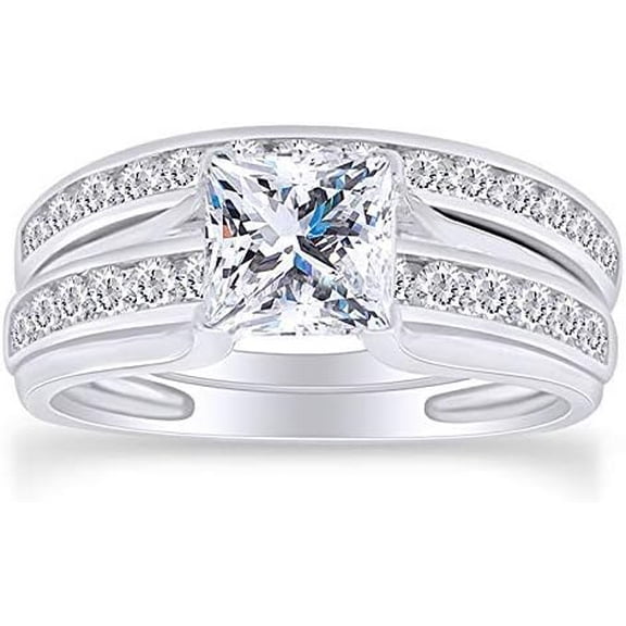 beryl_creation 925 Sterling Silver 2.26 Ct Princess Cut White Diamond Wedding Engagement Thanksgiving Christmas Bridal Ring Set 14K White Gold Plated For Women's -6.5