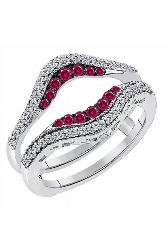 14K White Gold Plated 2.25 Ct Round Cut Red Ruby Wedding Engagement Enhancer Guard Wrap Ring 925 Sterling Silver For Women's -7