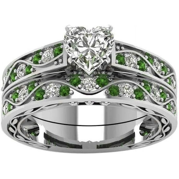 beryl_creation 14K White Gold Plated 2 Ct Heart Cut White Diamond & Emerald Wedding Engagement Thanksgiving Bridal Ring Set For Women's 925 Sterling Silver -4.5