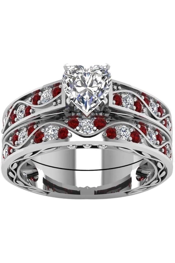 14K White Gold Plated 2 Ct Heart Cut White Diamond & Ruby Wedding Engagement Thanksgiving Bridal Ring Set For Women's 925 Sterling Silver -10