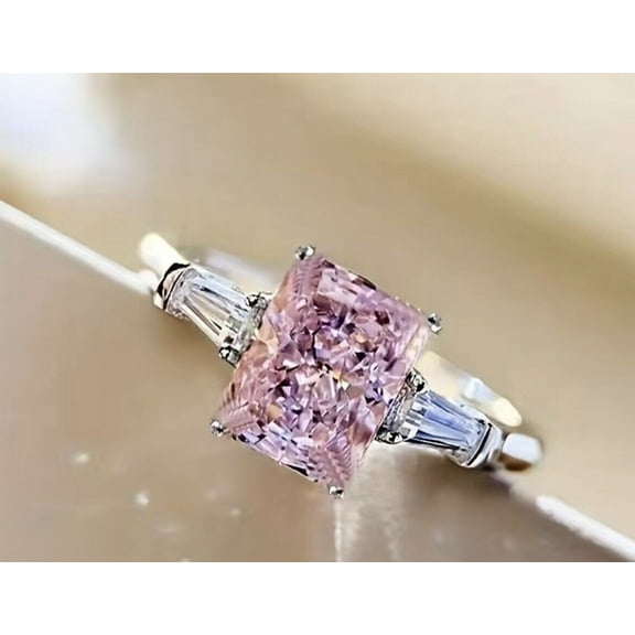 beryl_creation 14K White Gold Plated 925 Sterling Silver 2.30 Ct Emerald Cut Pink Sapphire & Diamond Engagement Wedding Christmas Thanksgiving Halo Ring For Women's -5