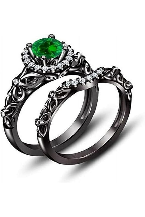 2.00 Carat Round Cut Green Emerald And Diamond Bridal Wedding Women's Bridal Ring Set-8.5