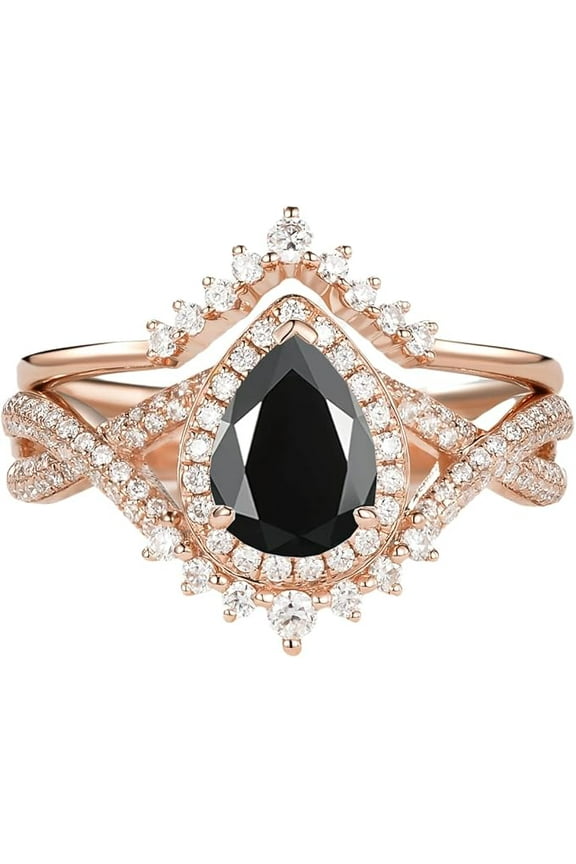 2.00 Ct Pear Cut Black Diamond Wedding Engagement Bridal Ring Set 14K Rose Gold Plated 925 Sterling Silver For Women's -4