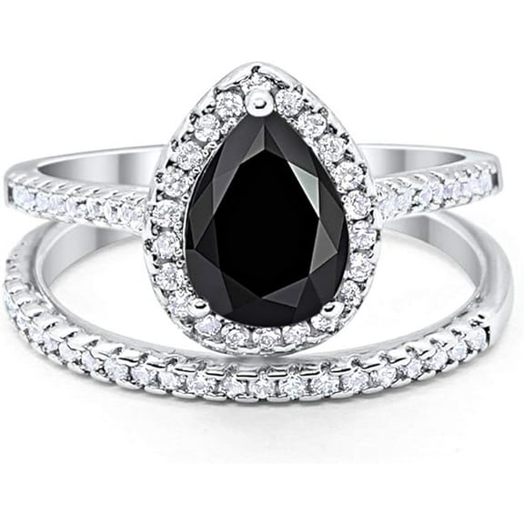 beryl_creation 2.00 Ct Pear Cut Black Diamond Wedding Engagement Bridal Ring Set 14K White Gold Plated 925 Sterling Silver For Women's -6.5