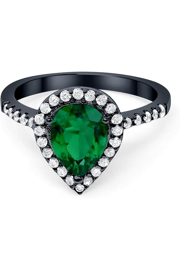 2.00 Ct Pear Cut Green Emerald Wedding Engagement Halo Ring 925 Sterling Silver 14K Black Gold Plated For Women's -8