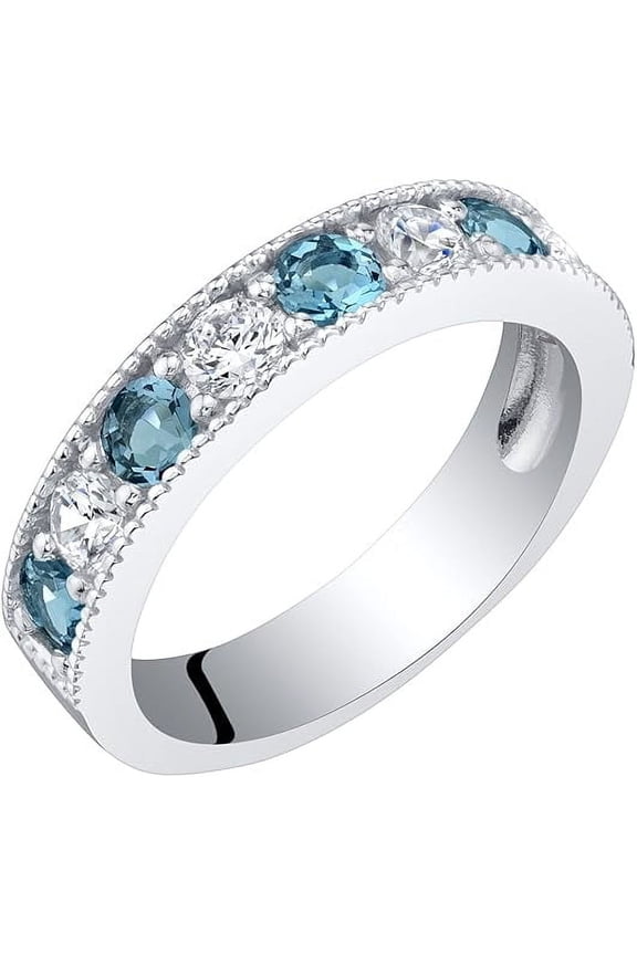 2.00 Ct Round Cut Aquamarine & Diamond Engagement Wedding Thanksgiving Christmas Half Band Ring 14K White Gold Plated 925 Sterling Silver For Women's -7