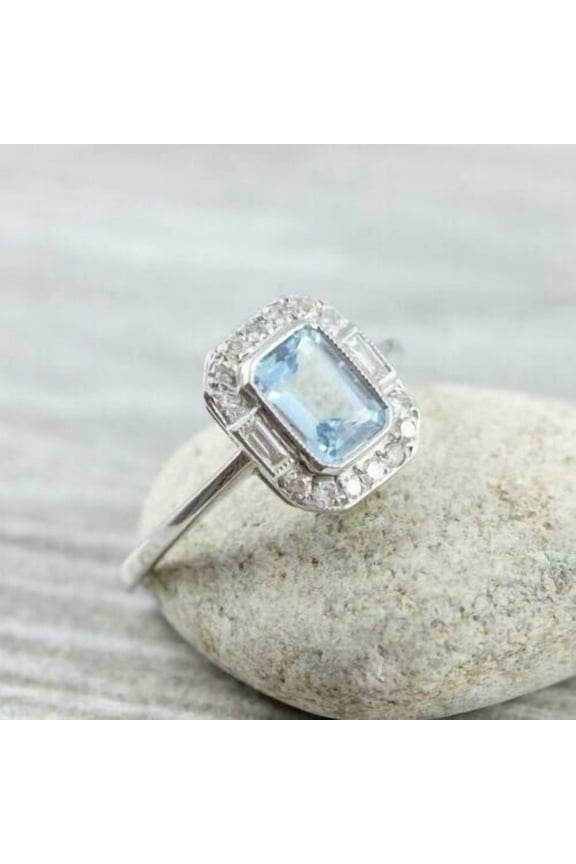 2.00 Ctw Emerald Cut Aquamarine Diamond Wedding Anniversary Engagement Band Ring 14K White Gold Plated 925 Sterling Silver 925 Sterling Silver -10