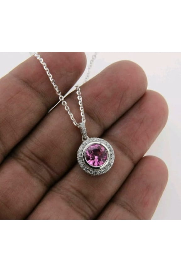 2.10 Ct Round Cut Pink Sapphire Womens Pendant with Chain 14K White Gold Plated 925 Sterling Silver