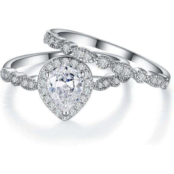 beryl_creation 2.15 Ct Pear Cut White Diamond Engagement Wedding Thanksgiving Christmas Bridal Ring Set 14K White Gold Plated 925 Sterling Silver For Women's -5