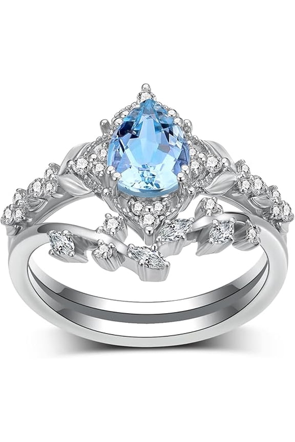 2.20 Ct Pear Cut Aquamarine Womens Engagement Bridal Ring Set 14K White Gold Plated 925 Sterling Silver -9