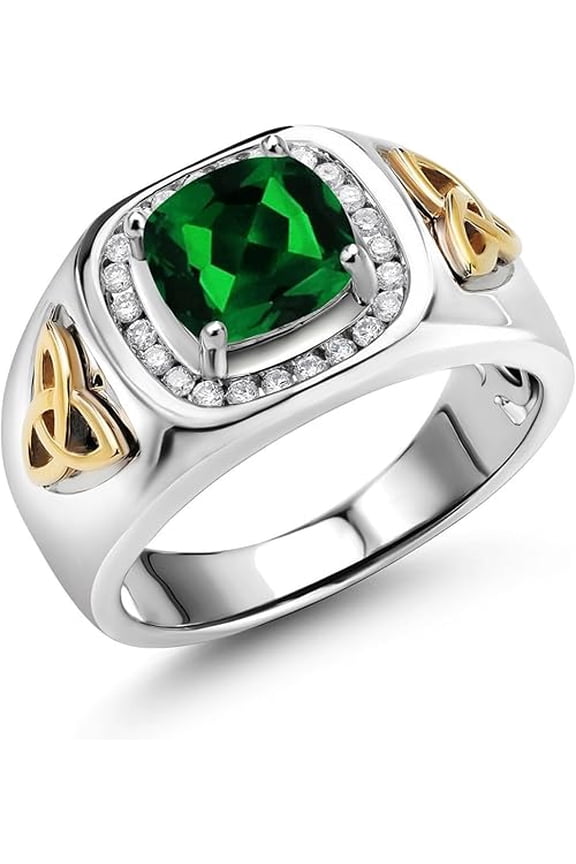 2.50 Ct Cushion Cut Green Emerald Christmas Thanksgiving Engagement Wedding Pinky Band Ring 14K White Gold Plated 925 Sterling Silver For Men's -7