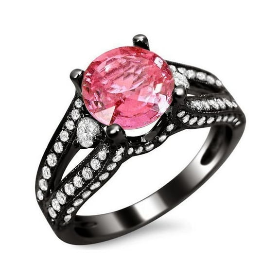 beryl_creation 2.50 Ct Round Cut Pink Sapphire Wedding Engagement Thanksgiving Christmas Halo Ring 14K Black Gold Plated 925 Sterling Silver For Women's -9.5