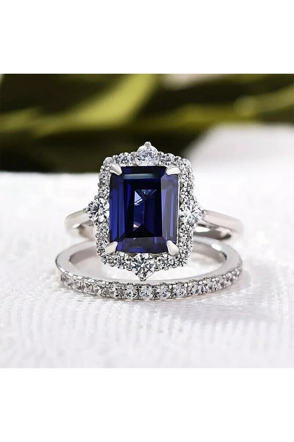 2.65 Ct Emerald Cut Blue Sapphire & Diamond Wedding Engagement Bridal Ring Set 14K White Gold Plated 925 Sterling Silver For Women's -10