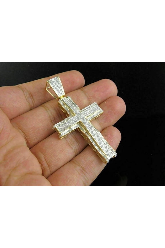 2Ctw Round Cut Real Moissante Diamond 14K Yellow Gold Over Cross Men's 3 Inch Pendant