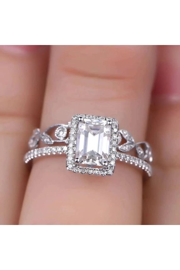 3.00 Ctw Emerald Cut White Diamond Wedding Anniversary Engagement Bridal Set Ring 14K White Gold Plated 925 Sterling Silver 925 Sterling Silver -7