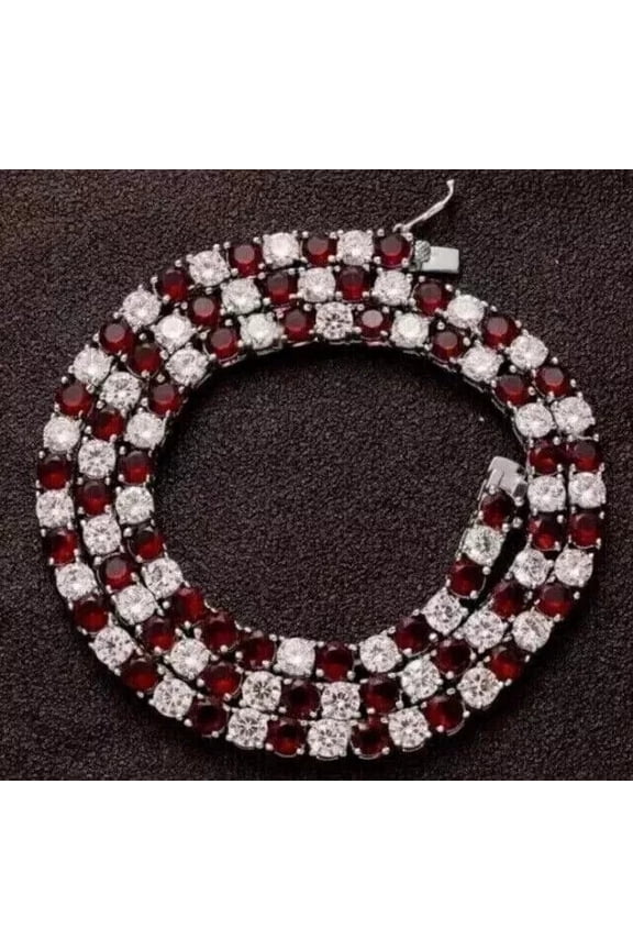 3 CT Round Cut Red Ruby Unisex Tennis Necklace 14K White Gold Plated 925 Sterling Silver