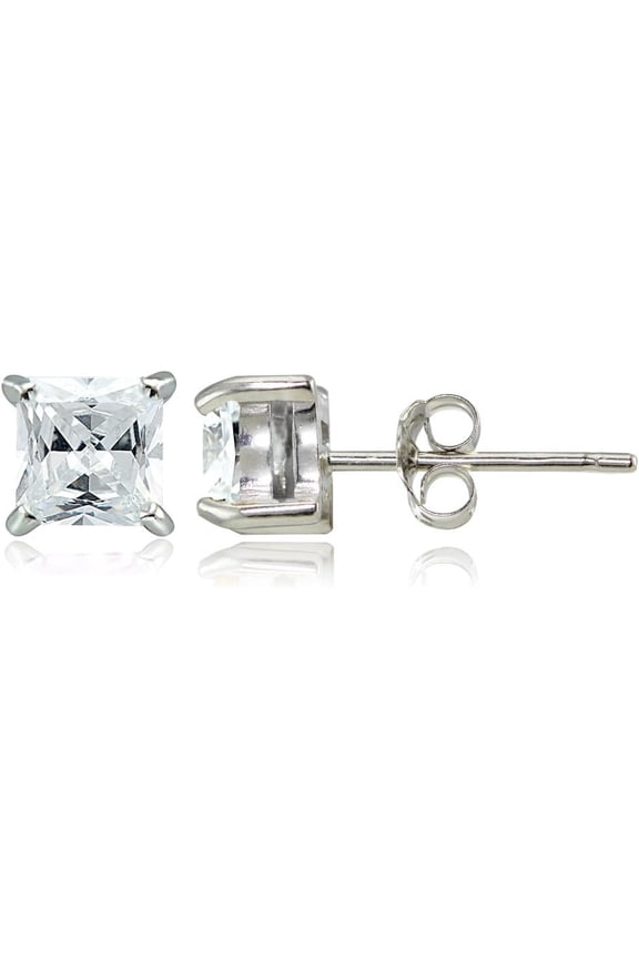4Ctw Princess Cut White Diamond 14K White Gold Finish Push Back Studs Earrings