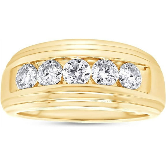 beryl_creation 925 Sterling Silver 1.15 Ct Round Cut White Diamond For Men's Wedding Engagement Five Stone Band Pinky Ring 14K Yellow Gold Plated -6