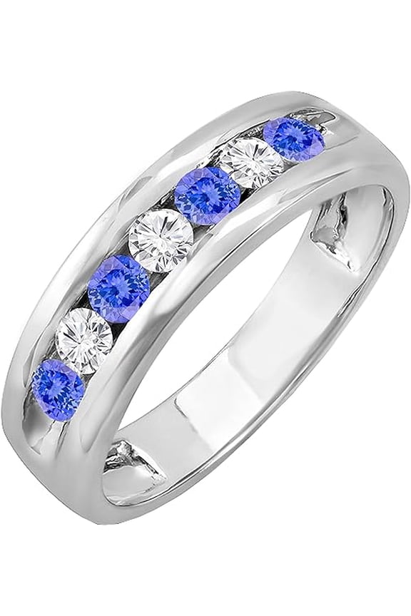 925 Sterling Silver 1.22 Ct Round Cut Blue Tanzanite & Diamond Wedding Engagement Half Band Ring 14K White Gold Finish For Men's -7