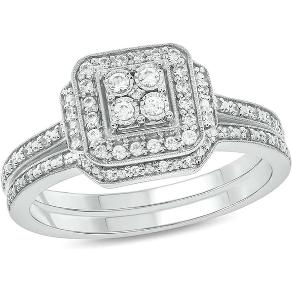 beryl_creation 925 Sterling Silver 1.40 Ct Round Cut White Diamond Wedding Engagement Cluster Ring 14K White Gold Plated For Women's -6.5