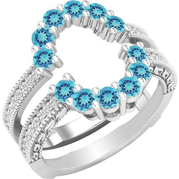 beryl_creation 925 Sterling Silver 1.45 Ct Round Cut Blue Topaz & Diamond Wrap Guard Enhancer Wedding Engagement Ring 14K White Gold Finish For Women's -7.5