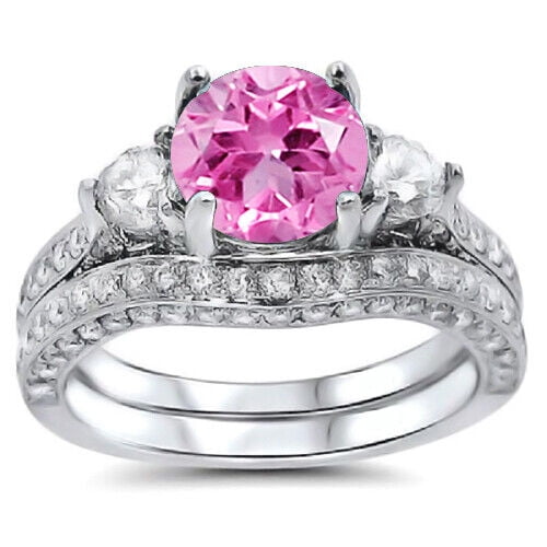 beryl_creation 925 Sterling Silver 1.50 Ct Round Cut Pink Sapphire & Diamond Engagement Three Stone Bridal Ring Set 14K White Gold Plated For Women's -8