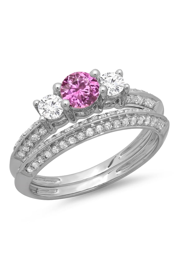 925 Sterling Silver 1.60 Ct Round Cut Pink Sapphire & Diamond Engagement Three Stone Bridal Ring Set 14K White Gold Plated For Women's -7