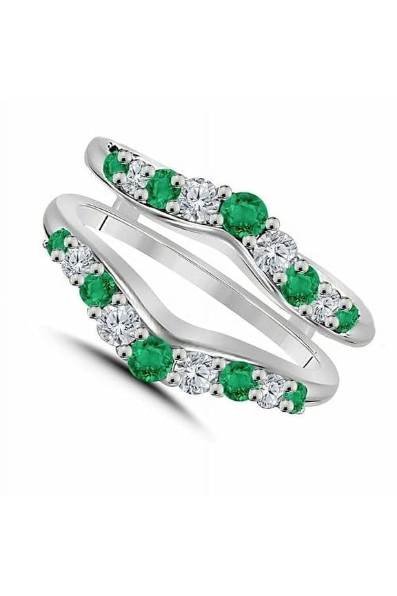 925 Sterling Silver 1.85 Ct Round Cut Green Emerald & Diamond Wrap Enhancer Guard Engagement Wedding Ring 14K White Gold Plated For Women's -4