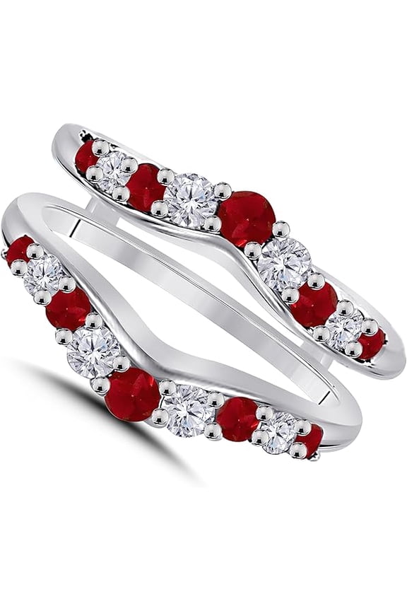 925 Sterling Silver 14K White Gold Plated 2.00 Ct Round Cut Red Ruby Wedding Engagement Enhancer Guard Wrap Ring For Women's -4