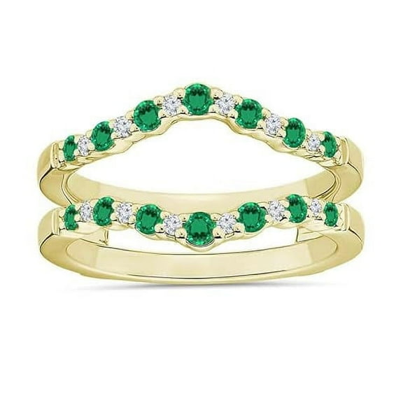 beryl_creation 925 Sterling Silver 14K Yellow Gold Plated 1.75 Ct Round Cut Green Emerald & Diamond Engagement Wedding Wrap Enhancer Guard Ring For Women's -5