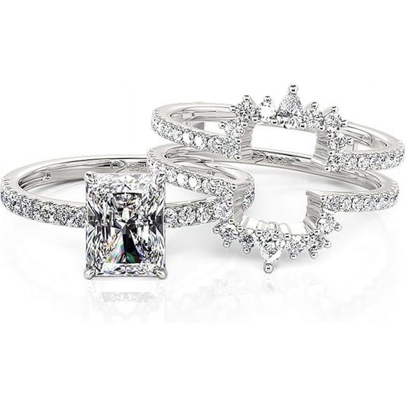 beryl_creation 925 Sterling Silver 2.00 Ct Emerald Cut White Diamond Wedding Engagement Valentine's Anniversary Christmas Bridal Ring Set 14K White Gold Plated For Women's -7.5