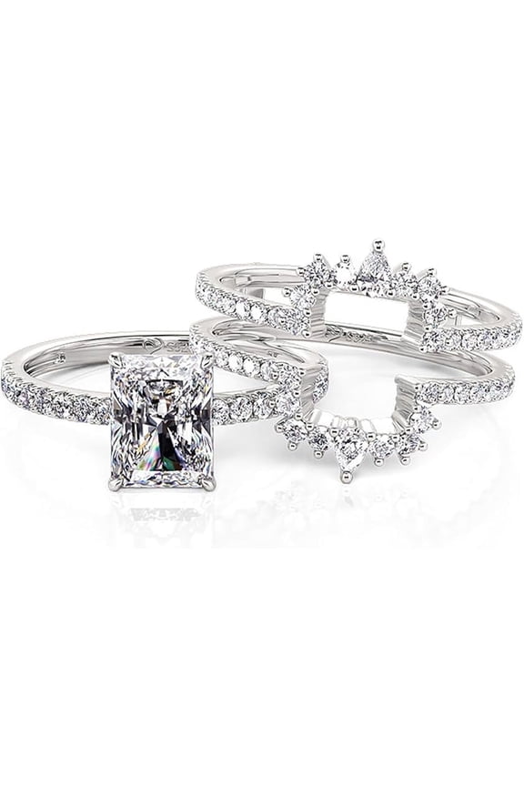 925 Sterling Silver 2.00 Ct Emerald Cut White Diamond Wedding Engagement Valentine's Anniversary Christmas Bridal Ring Set 14K White Gold Plated For Women's -7.5