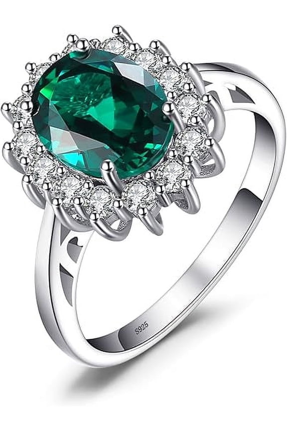 925 Sterling Silver 2.00 Ct Oval Cut Green Emerald Wedding Engagement Halo Ring 14K White Gold Plated For Women's -7