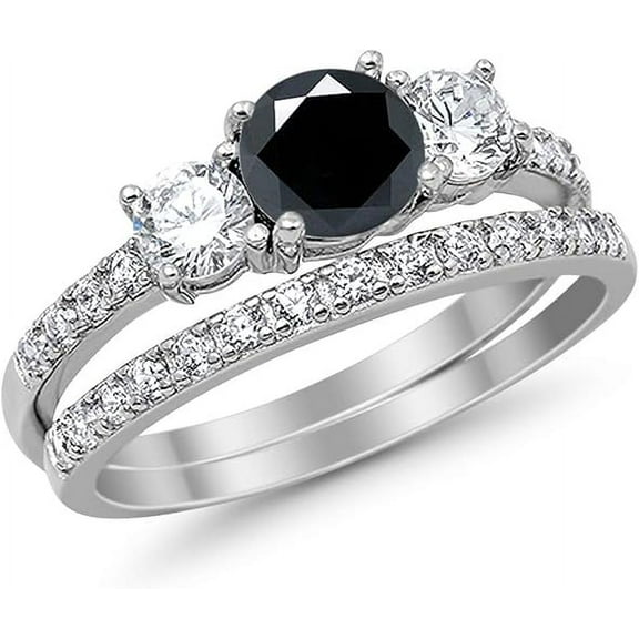 beryl_creation 925 Sterling Silver 2.00 Ct Round Cut Black Diamond Christmas Thanksgiving Engagement Wedding Bridal Ring Set 14K White Gold Plated For Women's -5